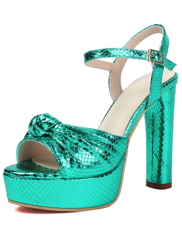 Metallic Snake Print Chunky High Heel Sandals - vintage shoes, retro heels