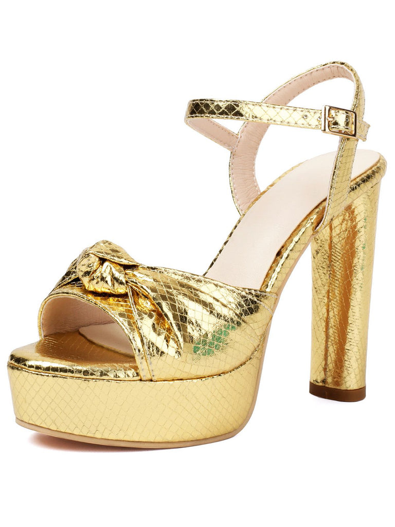 Metallic Snake Print Chunky High Heel Sandals - vintage shoes, retro heels