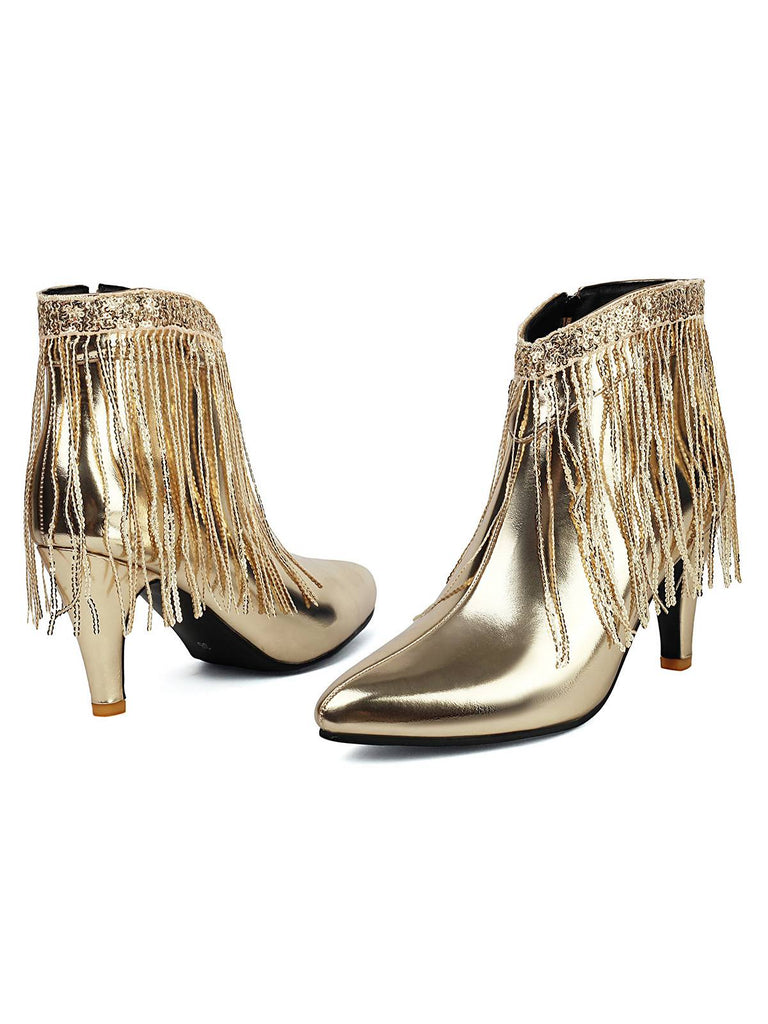 Metallic Tassel Pointed Toe Stiletto Chelsea Boots - vintage fashion, retro style