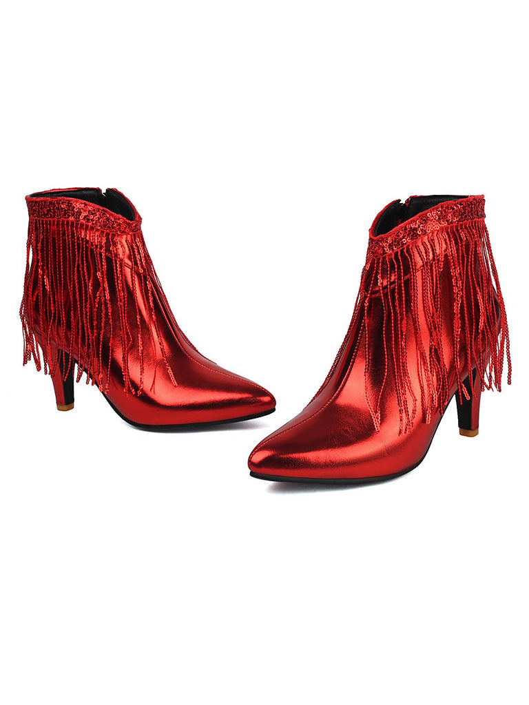 Metallic Tassel Pointed Toe Stiletto Chelsea Boots - vintage fashion, retro style