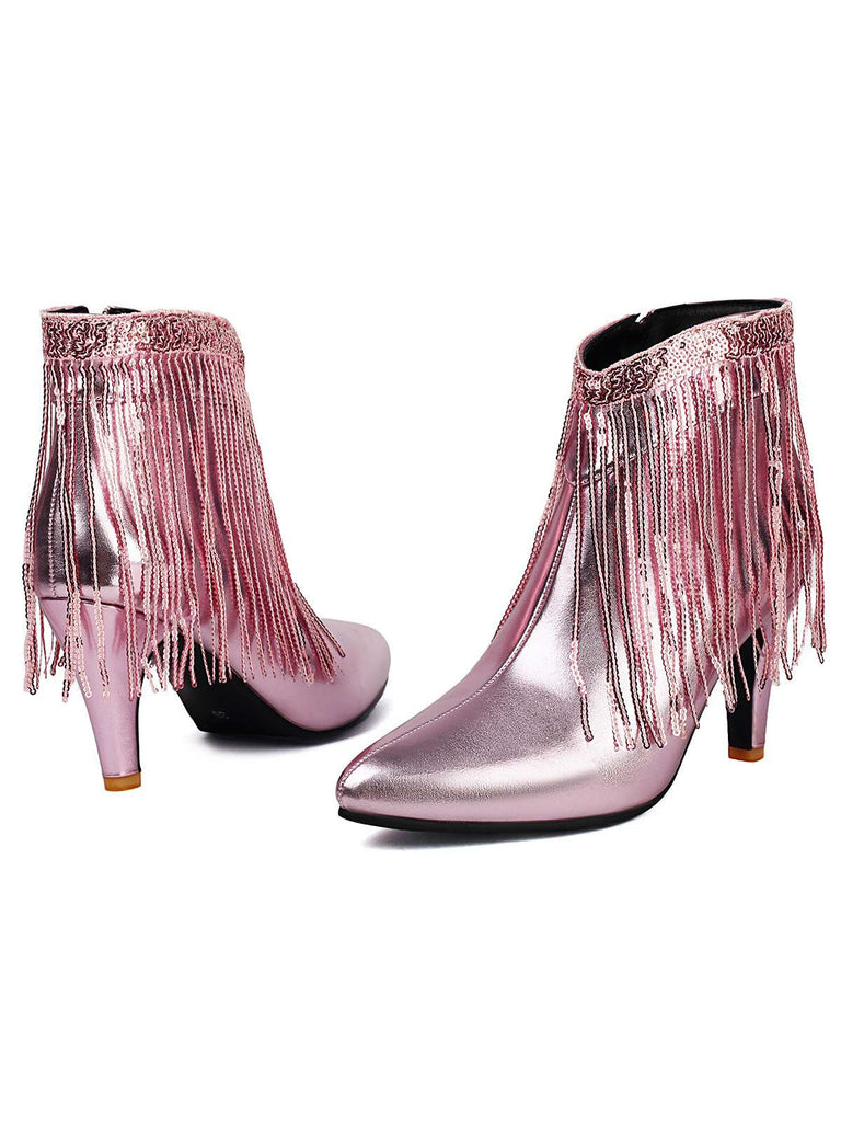 Metallic Tassel Pointed Toe Stiletto Chelsea Boots - vintage fashion, retro style