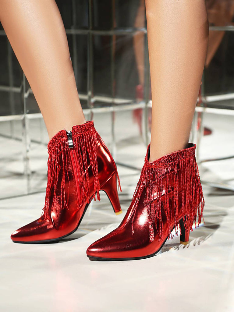 Metallic Tassel Pointed Toe Stiletto Chelsea Boots, vintage fashion, retro style, classic design, women, elegant