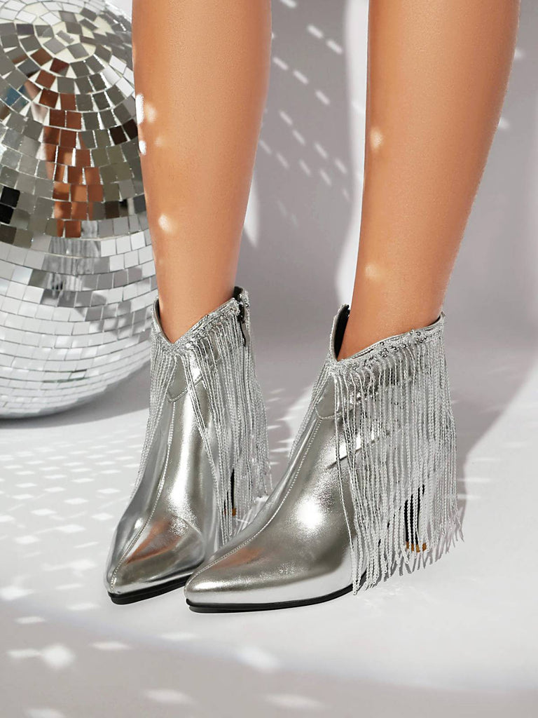 Metallic Tassel Pointed Toe Stiletto Chelsea Boots, vintage fashion, retro style, classic design, women, elegant