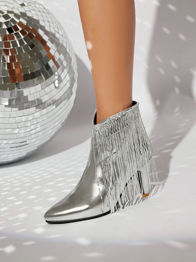 Metallic Tassel Pointed Toe Stiletto Chelsea Boots, vintage fashion, retro style, classic design, women, elegant