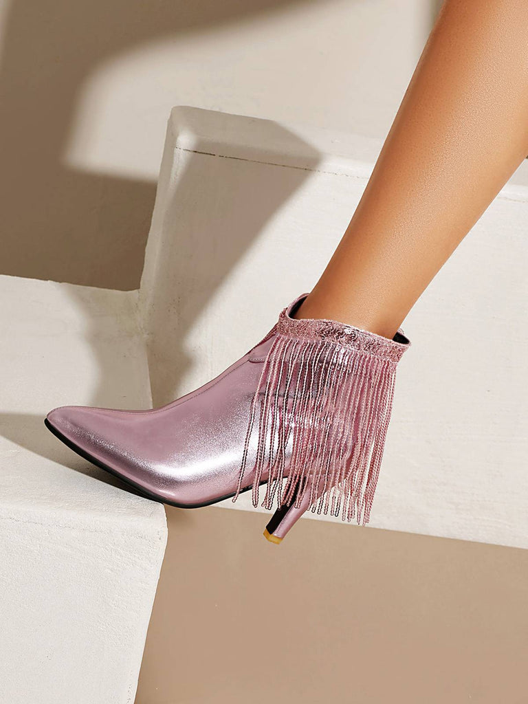 Metallic Tassel Pointed Toe Stiletto Chelsea Boots, vintage fashion, retro style, classic design, women, elegant