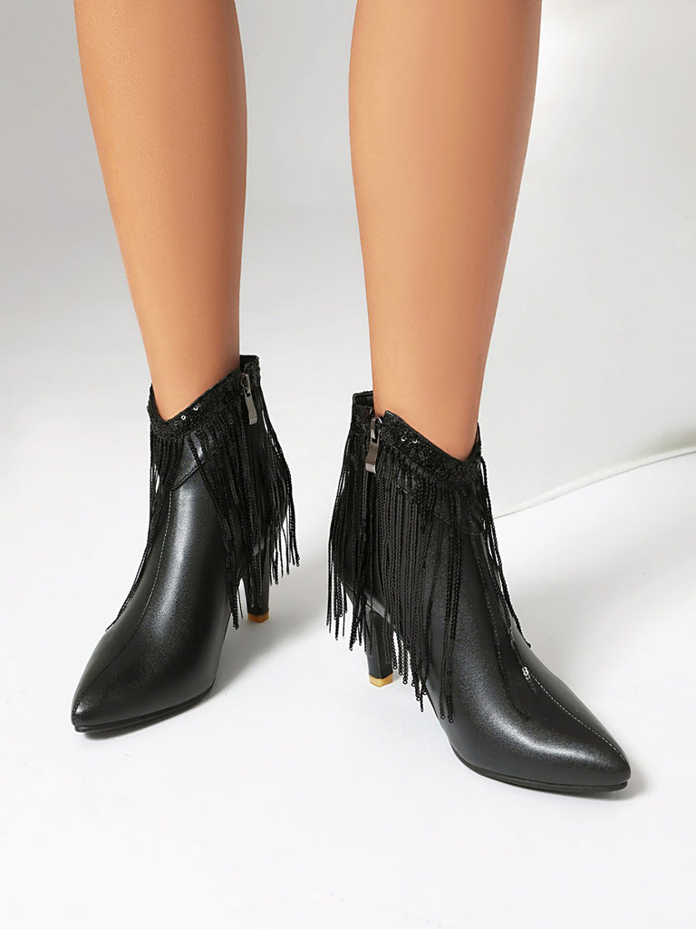 Metallic Tassel Pointed Toe Stiletto Chelsea Boots, vintage fashion, retro style - perfect for women who love vintage and retro fashion