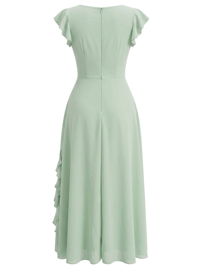 Mint-Green-1930s-Chiffon-Ruffle-V-Neck-A-Line-Dress, vintage, retro, dress