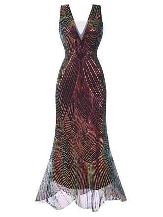 Multicolor 1920s V-Neck Sequined Fishtail Dress, vintage dress, retro fashion, Gatsby party, flapper style - perfect for women who love vintage and retro fashion