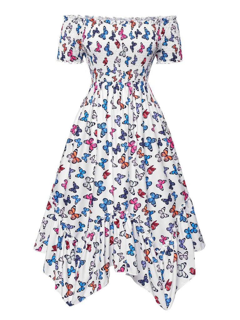 1930s Butterfly Print OffShoulder Irregular | 1930s | vintage dress, retro fashion