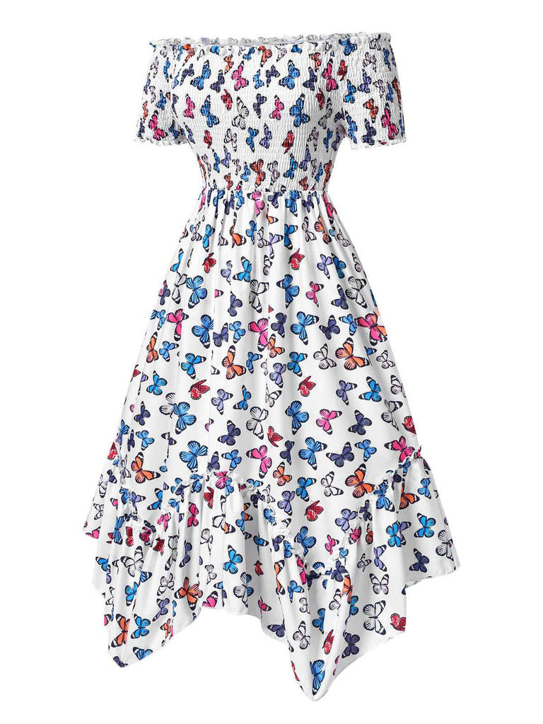1930s Butterfly Print OffShoulder Irregular | 1930s | vintage dress, retro fashion
