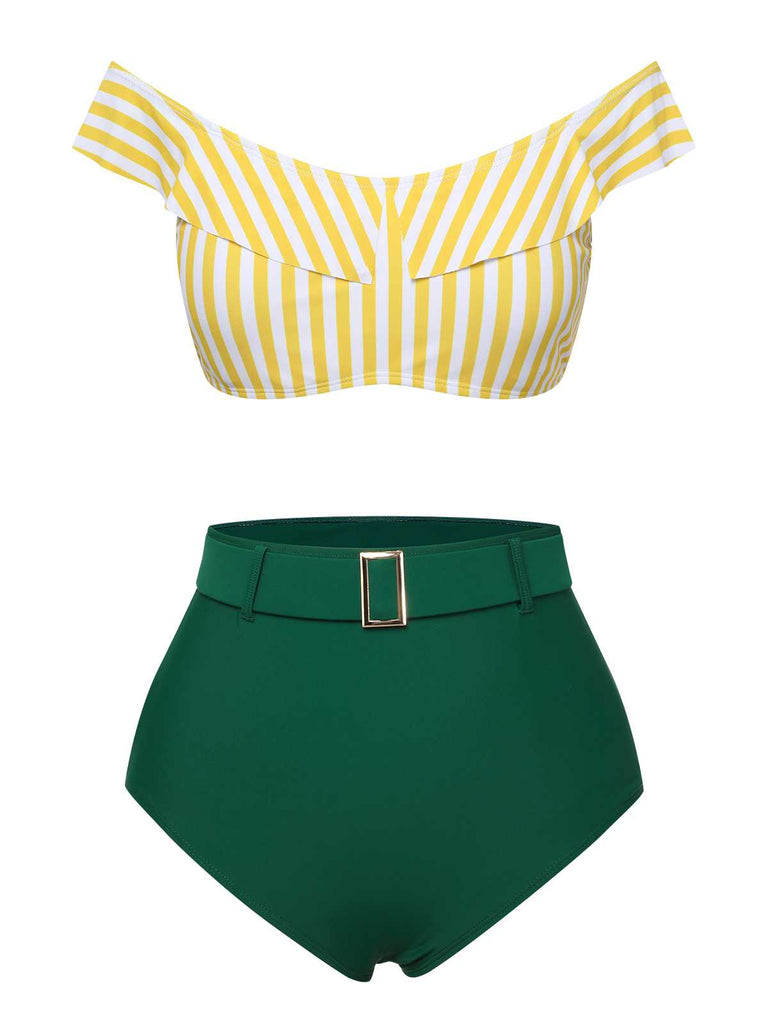 Multicolor 1930s Off-Shoulder Stripes Swimsuit: 1930s Riviera elegance, reimagined for her