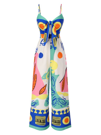 Multicolor 1930s Painting Chest Tie Jumpsuit, vintage romper, retro jumpsuit - perfect for women who love vintage and retro fashion