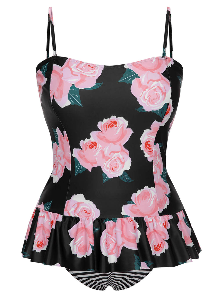 Multicolor 1930s Ruffled Hem Printed Swimsuit: 1930s Riviera elegance, reimagined for her