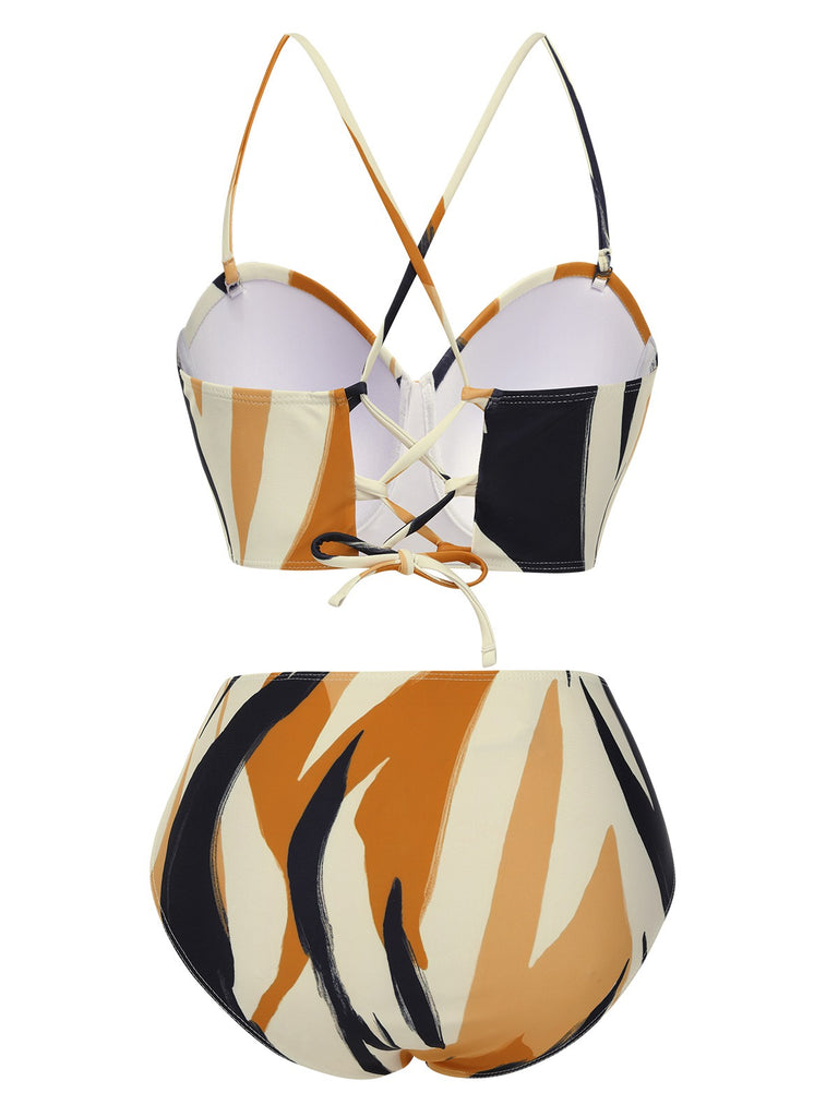 Multicolor 1940s Artistic Brush Straps Lace-Up Swimsuit, vintage swimsuit, pin-up swimwear - perfect for women who love vintage and retro fashion