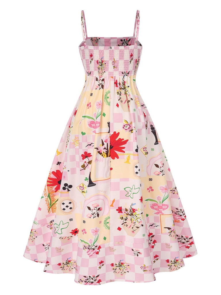 Multicolor 1940s Checkerboard Floral Spaghetti Straps Dress, vintage dress, retro fashion, floral print - perfect for women who love vintage and retro fashion