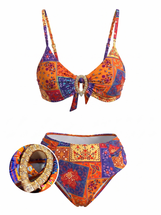 1970s Paisley Floral Bikini Set With Crystal Horseshoe Ring - vintage swimsuit, pin-up swimwear for vintage lovers