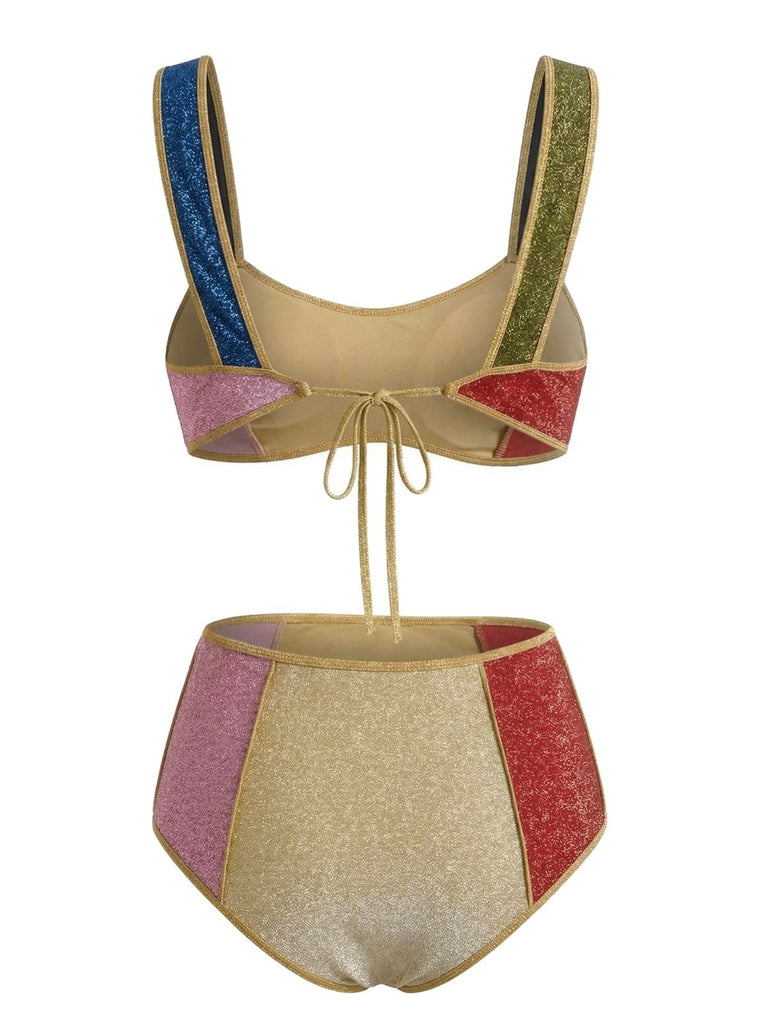 Multicolor 1940s Patchwork Metallic Bikini Set - vintage fashion, retro style