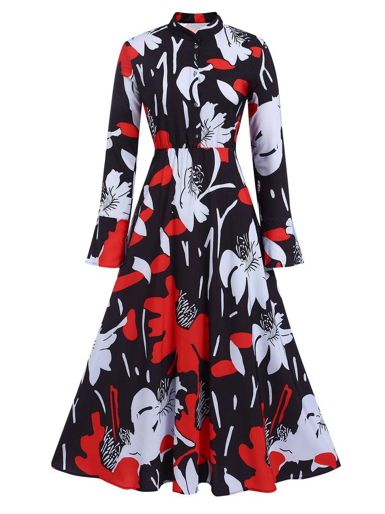 She slips into this Multicolor 1940s Round Neck Floral A-Line Dress and suddenly it's a 1940s daydream