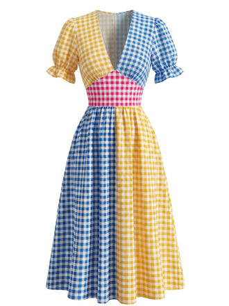 Multicolor 1940s V-Neck Plaid Patchwork Swing Dress, vintage dress, retro fashion, rockabilly, pin-up fashion - perfect for women who love vintage and retro fashion
