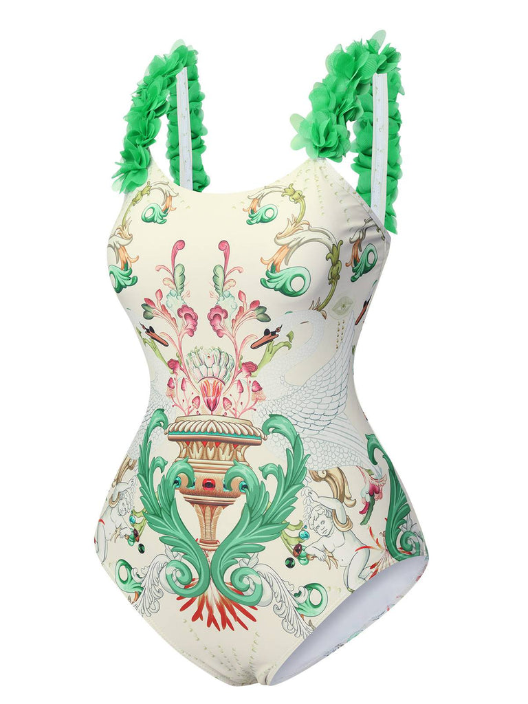 Multicolor 1950s 3D-Flowers Spaghetti Straps Swimsuit, vintage swimsuit, pin-up swimwear - perfect for women who love vintage and retro fashion