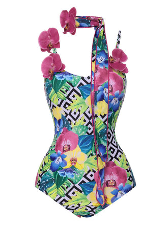Multicolor 1950s Halter Artificial Flowers Swimsuit, vintage swimsuit, pin-up swimwear - perfect for women who love vintage and retro fashion