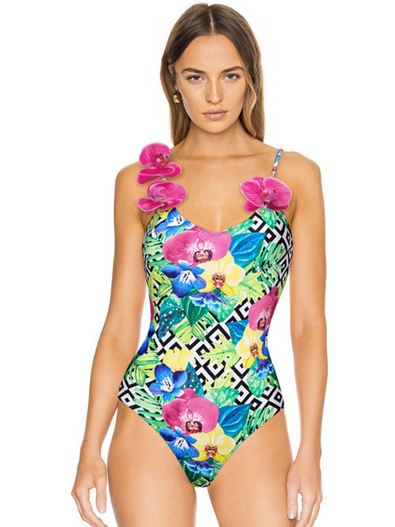 Multicolor 1950s Halter Artificial Flowers Swimsuit, vintage swimsuit, pin-up swimwear - perfect for women who love vintage and retro fashion