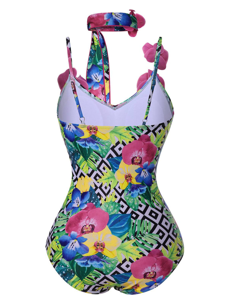 Multicolor 1950s Halter Artificial Flowers Swimsuit, vintage swimsuit, pin-up swimwear - perfect for women who love vintage and retro fashion