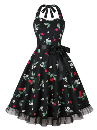 Multicolor 1950s Halter Floral Lace Hem Dress, vintage dress, retro fashion, rockabilly, pin-up fashion - perfect for women who love vintage and retro fashion
