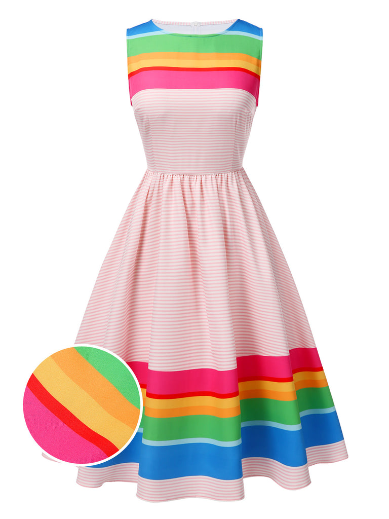 She slips into this Multicolor 1950s Rainbow Striped Boat Neck Dress and suddenly it's a 1950s daydream