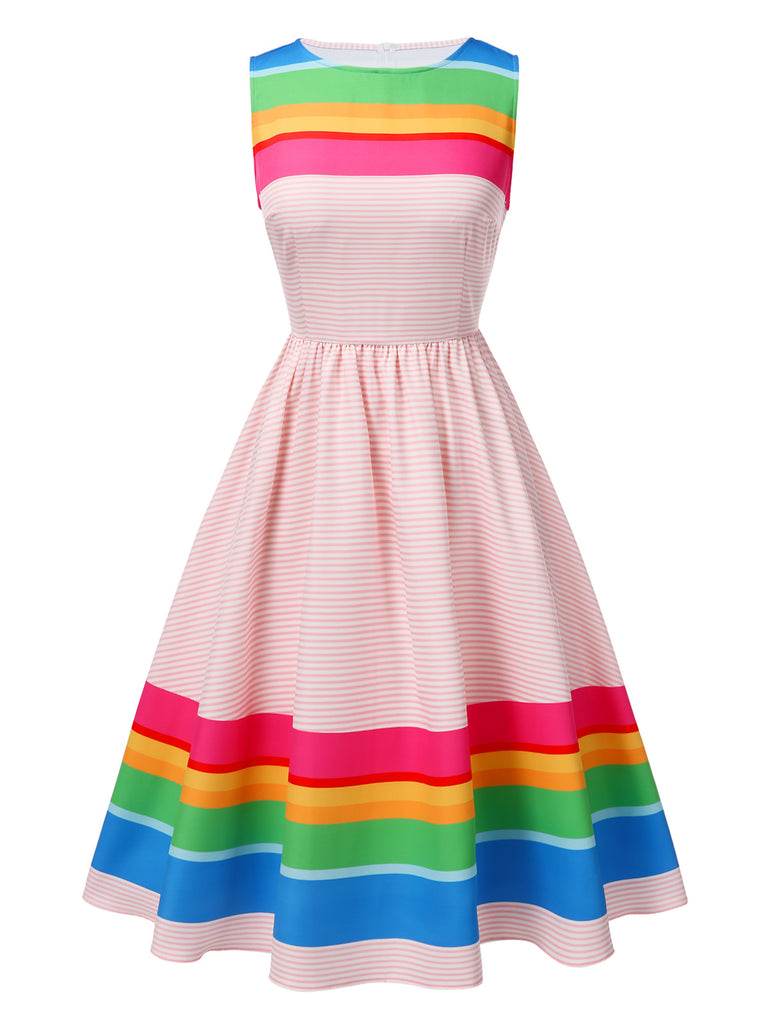 Multicolor 1950s Rainbow Striped Boat Neck Dress: where 1950s romance meets her modern spirit