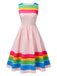 Multicolor 1950s Rainbow Striped Boat Neck Dress: where 1950s romance meets her modern spirit