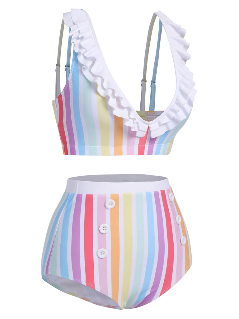 Multicolor 1950s Rainbow Stripes Swimsuit, vintage swimsuit, pin-up swimwear - perfect for women who love vintage and retro fashion