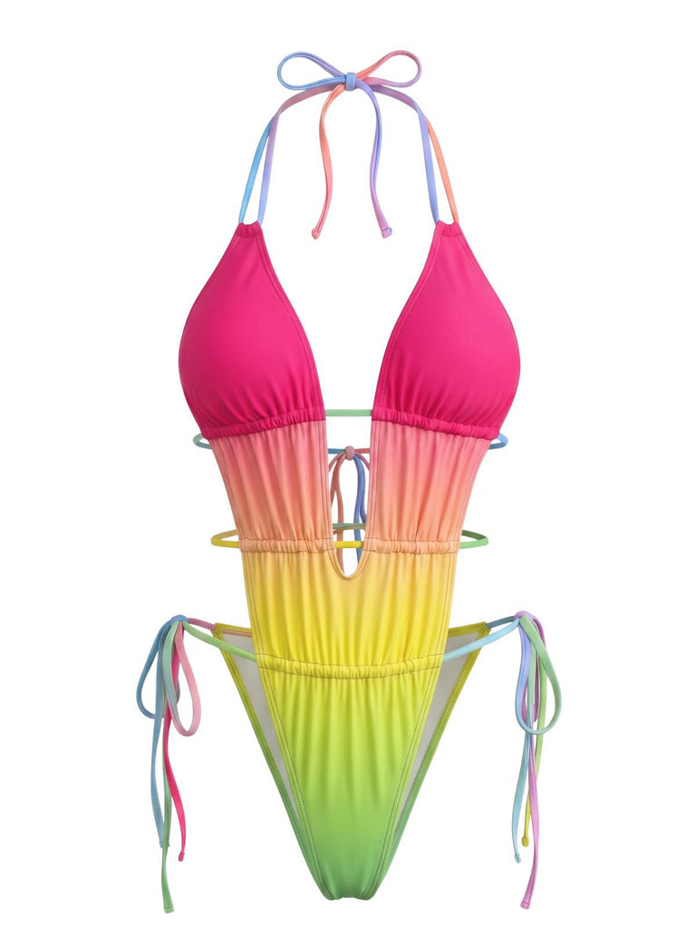 [Pre-Sale] Multicolor 1950s Ruched Gradient Beach One-Piece Swimsuit, vintage swimsuit, pin-up swimwear - perfect for women who love vintage and retro fashion