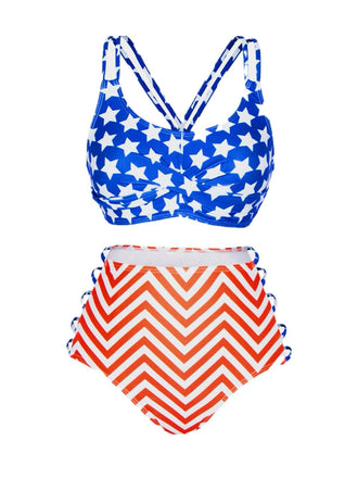She's wearing Multicolor 1950s Stars Chevron Stripes Swimsuit and the whole beach remembers the 1950s