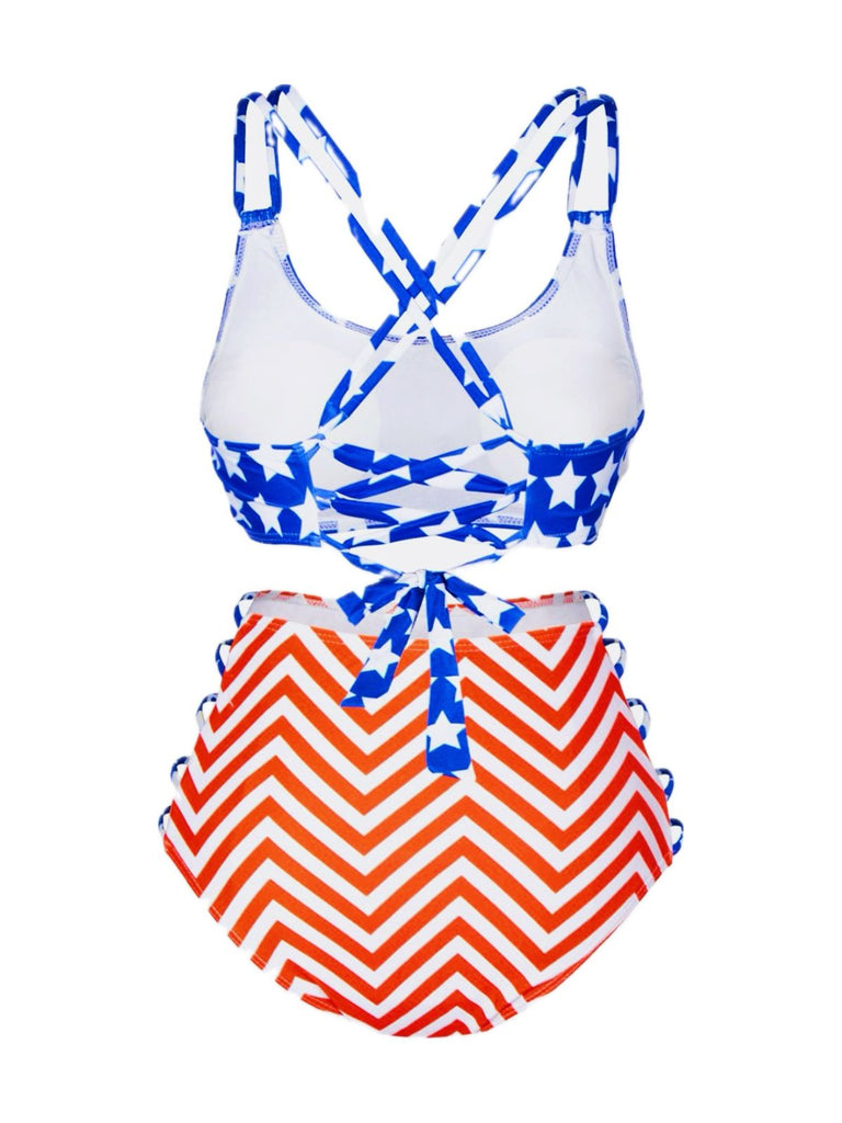 This Multicolor 1950s Stars Chevron Stripes Swimsuit carries 1950s vacation dreams in every stitch