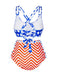 This Multicolor 1950s Stars Chevron Stripes Swimsuit carries 1950s vacation dreams in every stitch