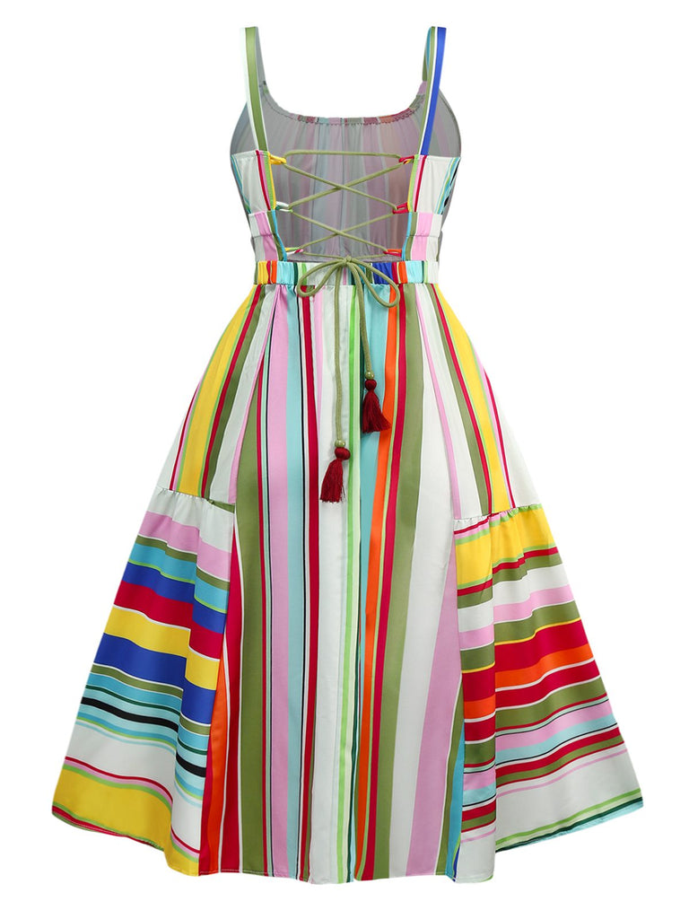 Multicolor 1950s Tie Back Barcode Stripe Dress - vintage dress, retro fashion, rockabilly