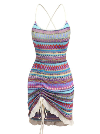 She slips into this 1960s Bohemian Drawstring Knit Straps Dress and suddenly it's a 1960s daydream