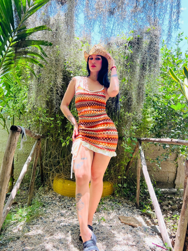 Multicolor 1960s Bohemian Drawstring Knit Straps Dress, vintage dress, retro fashion - perfect for women who love vintage and retro fashion