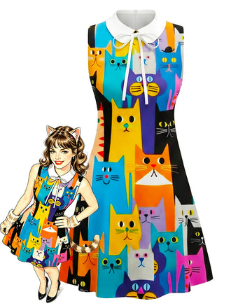 Multicolor 1960s Cats A-Line Peter Pan Collar Dress, vintage dress, retro fashion - perfect for women who love vintage and retro fashion