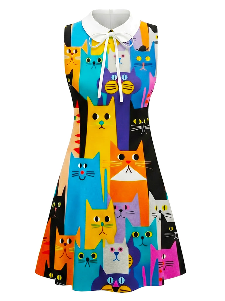 Multicolor 1960s Cats A-Line Peter Pan Collar Dress, vintage dress, retro fashion - perfect for women who love vintage and retro fashion