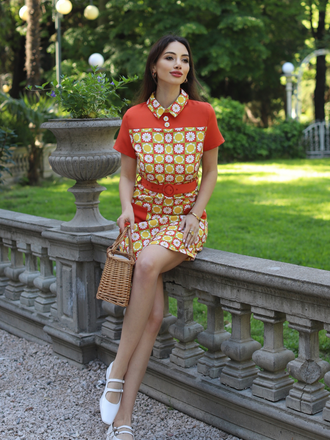 Multicolor 1960s Daisy Lapel Belt Dress - vintage dress, retro fashion