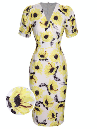 She slips into this Multicolor 1960s Floral Sunflower V-Ausschnitt Dress and suddenly it's a 1960s daydream