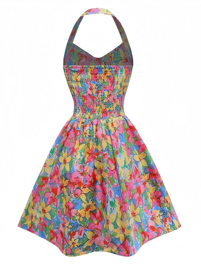 Multicolor 1960s Halter Floral Bow Heart Dress - vintage dress, retro fashion