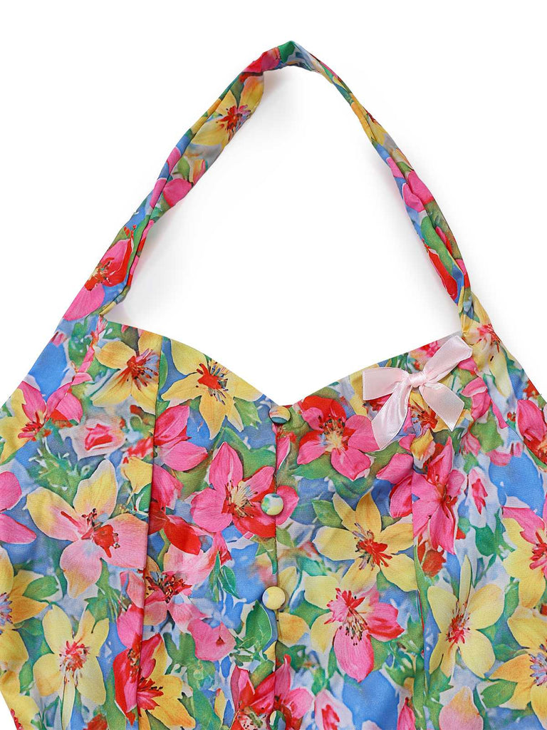 Multicolor 1960s Halter Floral Bow Heart Dress - vintage dress, retro fashion
