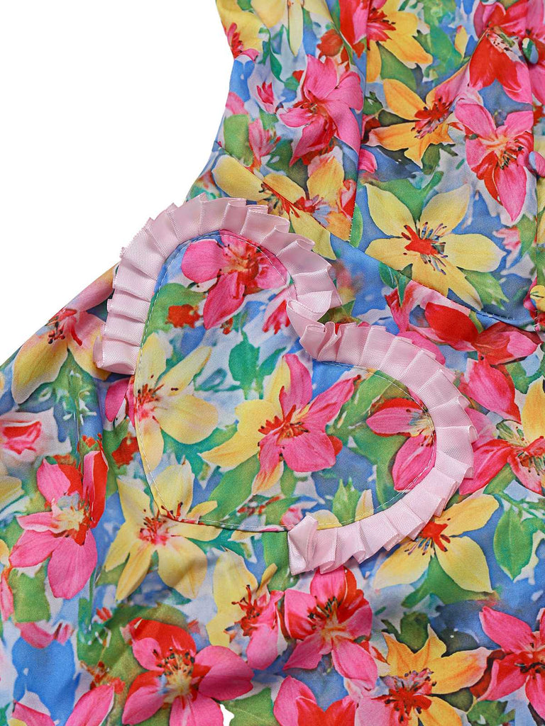 Multicolor 1960s Halter Floral Bow Heart Dress - vintage dress, retro fashion