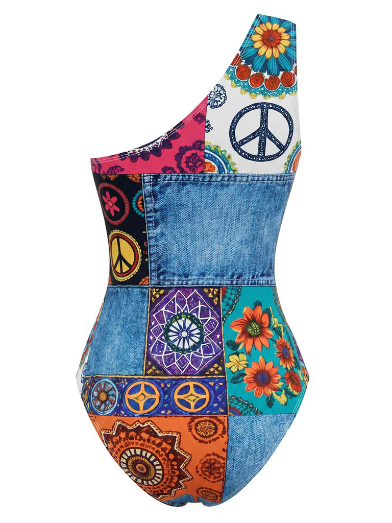 [Pre-Sale] Multicolor 1960s Hippie Asymmetrical One-Shoulder Swimsuit - vintage swimsuit, pin-up swimwear for vintage lovers