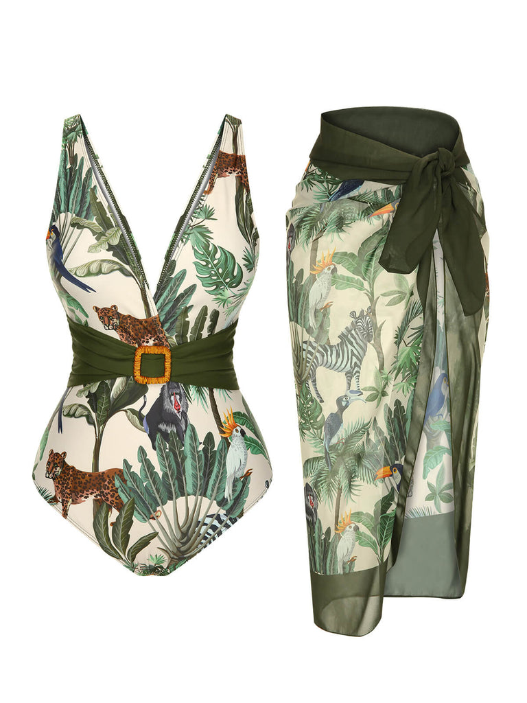 She's wearing Multicolor 1960s Palm Leaf Swimsuit & Cover-Up and the whole beach remembers the 1960s