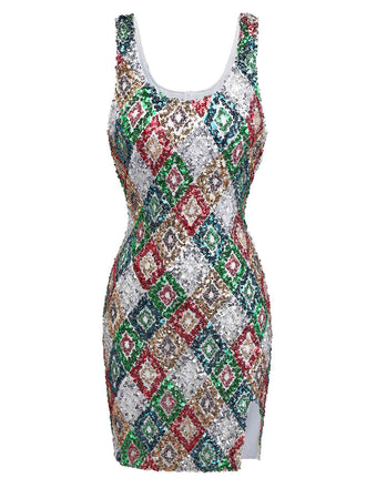 Multicolor 1970s Argyle Sequined Bodycon Dress - vintage dress, retro fashion