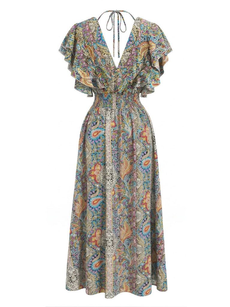 Multicolor 1970s Bohemia Ruffle Sleeve Smocked Dress - vintage dress, retro fashion for vintage lovers